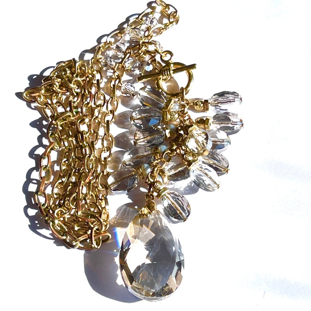 Goldtone Smoky Crystal 36” Textured Laraiat Necklace Front Toggle Closure